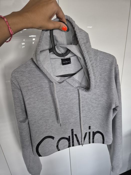 Krótka bluza z kapturem Calvin Klein cienka szara M 38
