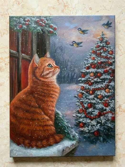 Картина олійними фарбами 'Зимова мрія котика '