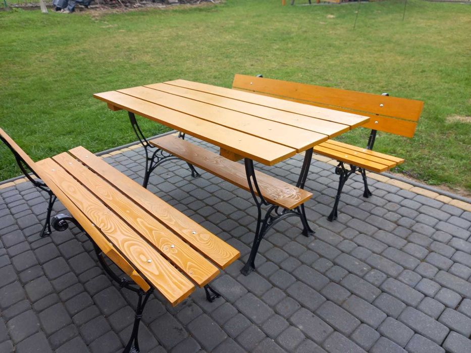 Komplet ogrodowy meble ogrodowe stół + 2 ławki, solidny, duży, nowy