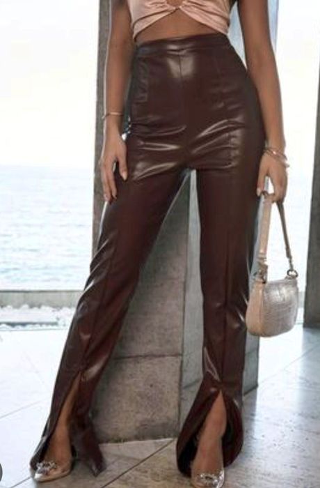 Штаны клёш эко-кожа шоколадного цвета брюки с разрезами