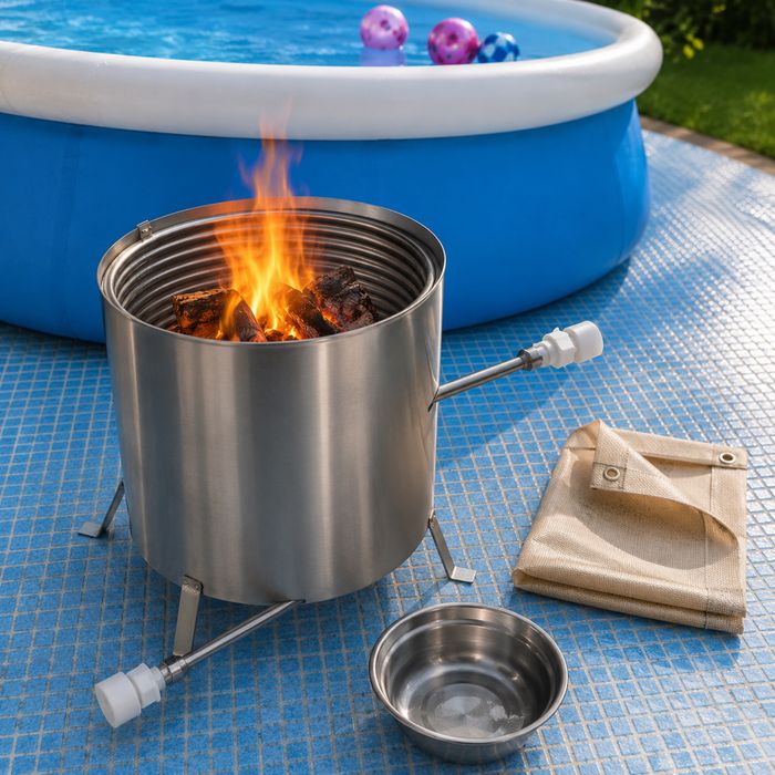 Ogrzewanie basenu jacuzzi ogniem piec na drewno+mata+popielnik+złączka