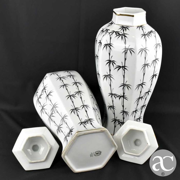 Par de potes hexagonais com tampa porcelana Artibus, decoração bambu