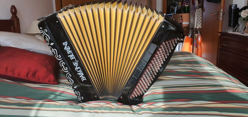 Acordeon Ballone Burini, quarta voz, 120 baixos, 7 registos direita e 5 esq.,som admirável, estado irrepreensivel.