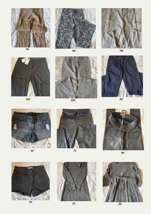 Calças clássicas, shorts ganga, vestidos de lã