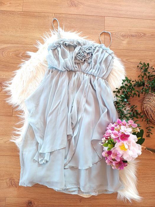 imprezowa szara turkusowa sukienka z falbanką na ramiączkach 36S