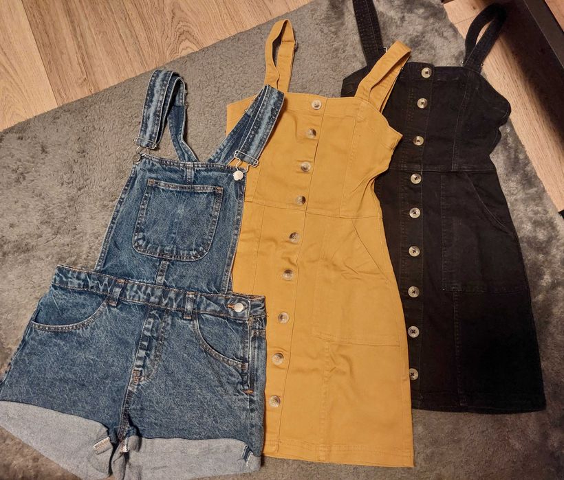sukienka jeansowa h&m 2 szt + ogrodniczki cropp 1 szt rozm 34 sale %%