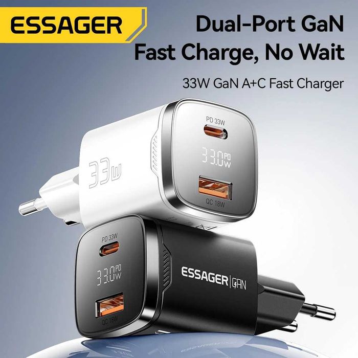 Зарядний пристрій Essager 33W GaN. Дисплей. Швидка зарядка USB Type-C