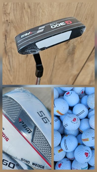 Zestaw golfowy. Putter, wedge, pilki.