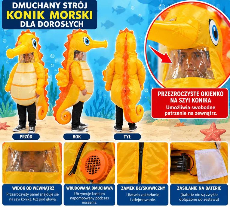 Dmuchany strój konik morski dla dorosłych kostium karnawałowy