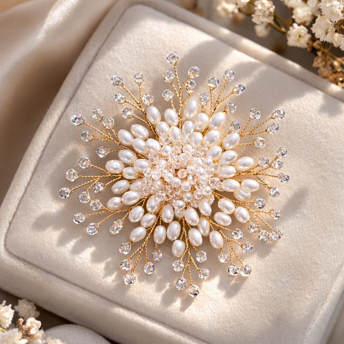 Elegancka broszka damska kwiat z perełkami i kryształkami