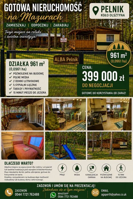 MAZURY | 2 domki | 961 m² | PELNIK | JEZIORO 15 MIN | pozwolenie na budowe