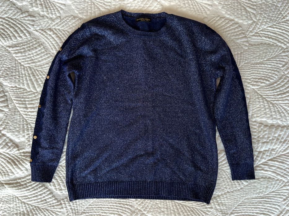 Błyszczący granatowy sweter 75% wełna 10% kaszmir