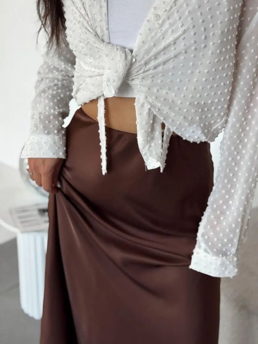 Шовкова спідниця міді шоколад, коричнева на резинці, 42-44