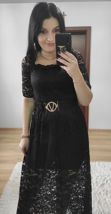 Sukienka długa maxi czarna koronka z paskiem