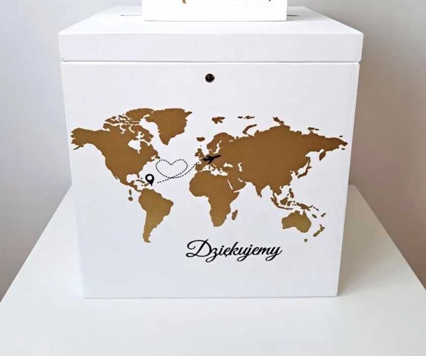 Duże białe pudełko na koperty podróże mapa świata wesele ślub