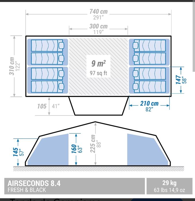 Grande Tenda campismo insuflável 8.4 fresh & black 4 quartos 8 pessoas em excelente estado