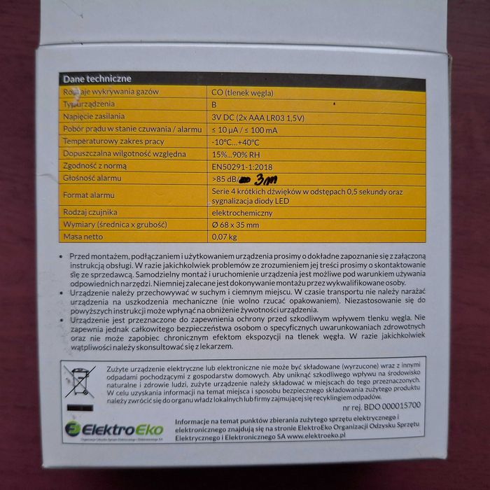Czujnik czadu, tlenku węgla z polskim certyfikatem, nowy