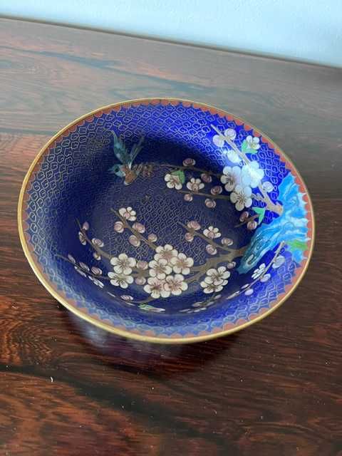 Taça / Tigela Chinesa em Esmalte Cloisonné - Azul e Floral