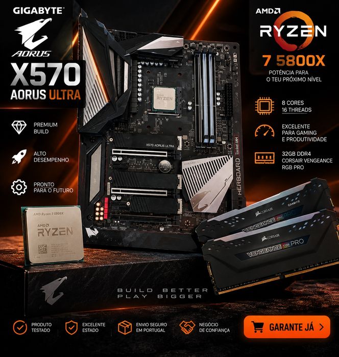 Kit Kit Gamer AMD Ryzen 7 5800X + Placa-Mãe Gigabyte X570 AORUS Ultra + 32GB RAM DDR4 Corsair Vengeance RGB Pro