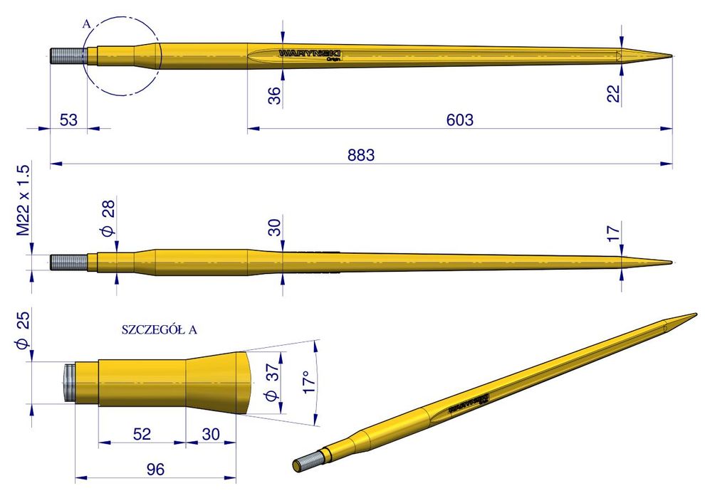 Ząb ładowacza  prosty L- 880 mm na tuleję od zębów Z Tur WARYŃSKI
