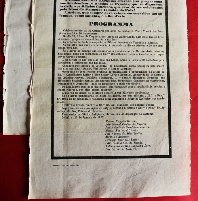 Universidade de Coimbra janeiro 1862 Cerimónias Fúnebres por D Pedro V