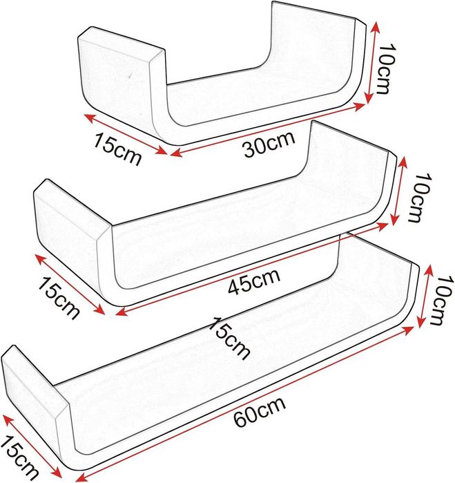 Półki ścienne zestaw 3 sztuk 30 cm, 45 cm, 60 cm biało-czarne