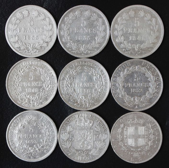 монета 5 франков 1833,1841,1849,1850,1852,1869,1873 года