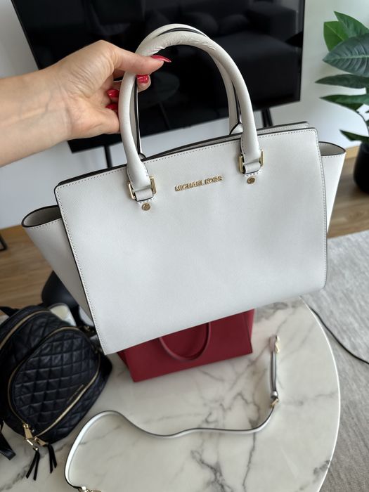 Mala bag michael kors white selma gold hardware branca safiano leather