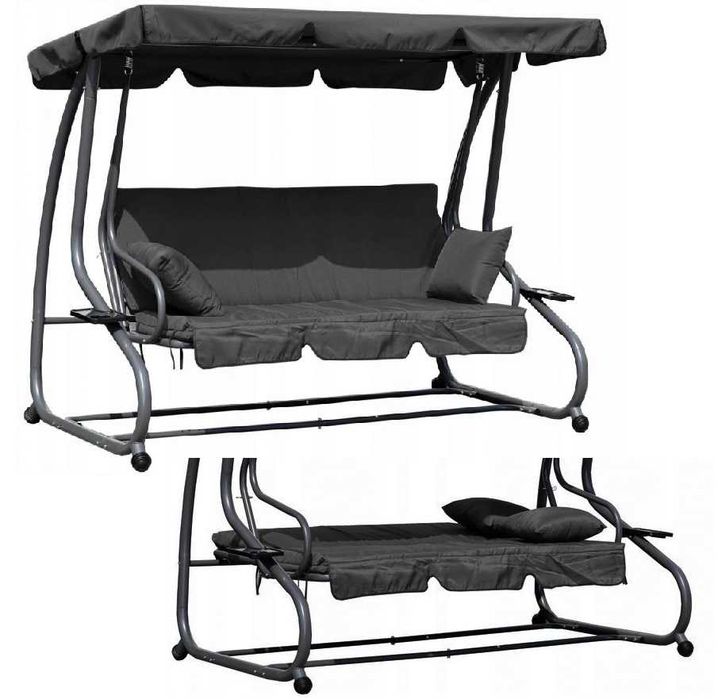 HUŚTAWKA OGRODOWA rozkładana 3-osobowa 2w1 do 300 kg - SZARA