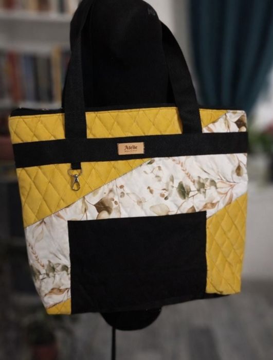 Ręcznie szyta torba damska Handmade – musztardowa z motywem roślinnym