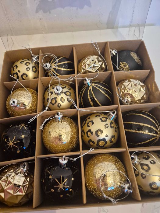 Bombki choinkowe Czarno Złote Nietłukące Glamour Ozdoby 16 szt