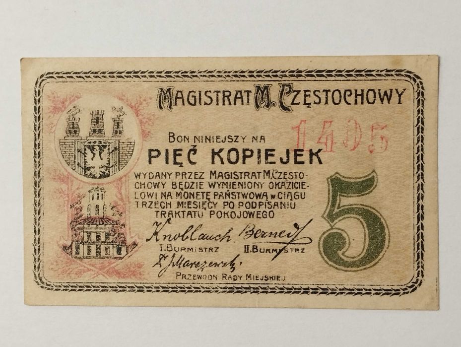 Banknot bon 5 kopiejek 1916r. Częstochowa - Magistrat Miasta Częstochowy - stan UNC