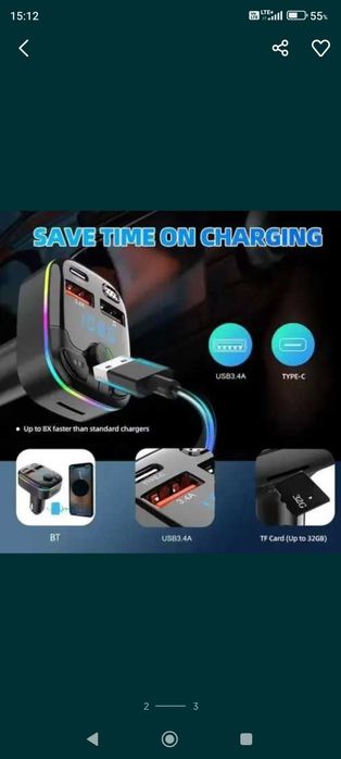 NOWY Transmiter Bluetooth z 2x USB, 1x USB-C, podświetlenie LED