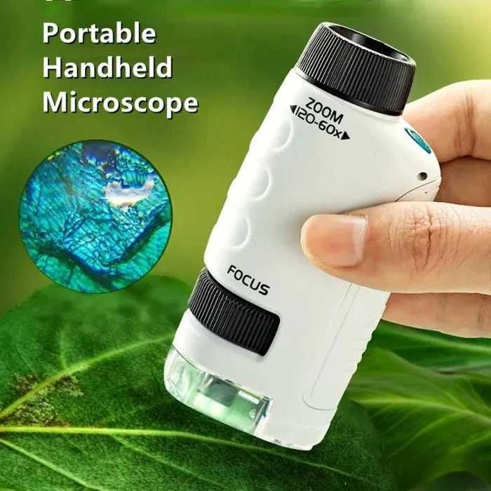 Microscópio de bolso pequeno portátil escola 60x a 120x LED novo