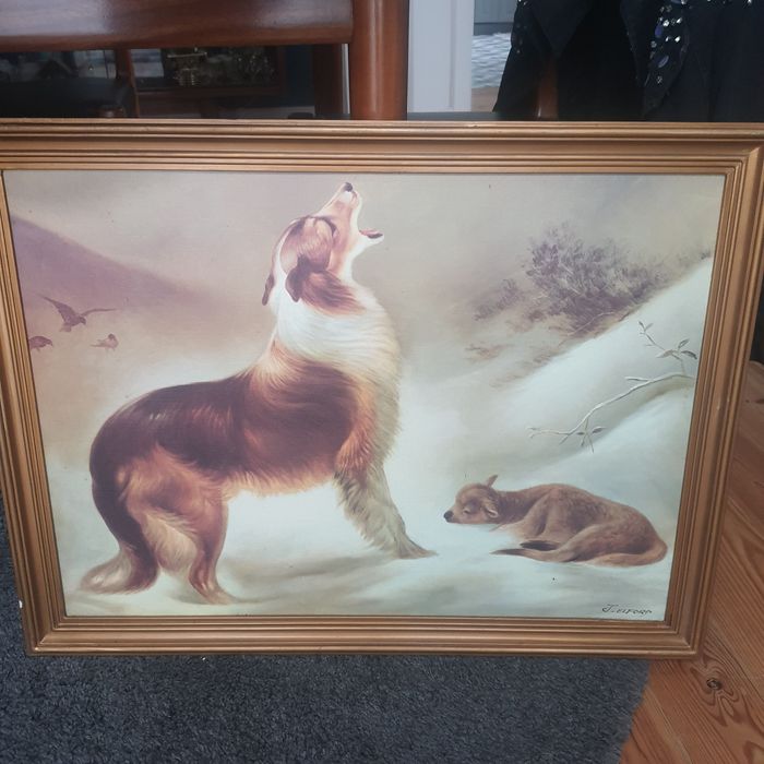 Quadro com cão e cordeiro na neve