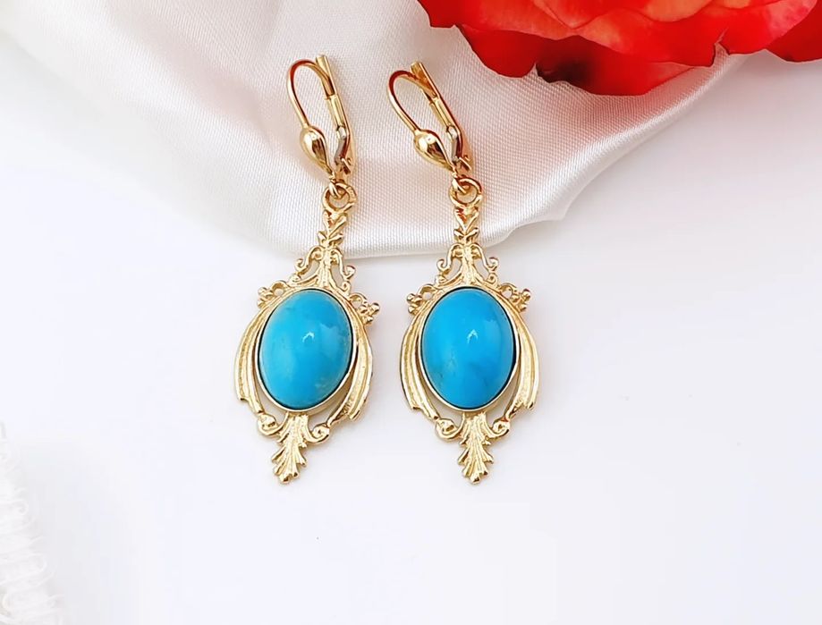 Złote kolczyki pr. 585 z naturalnym turkusem