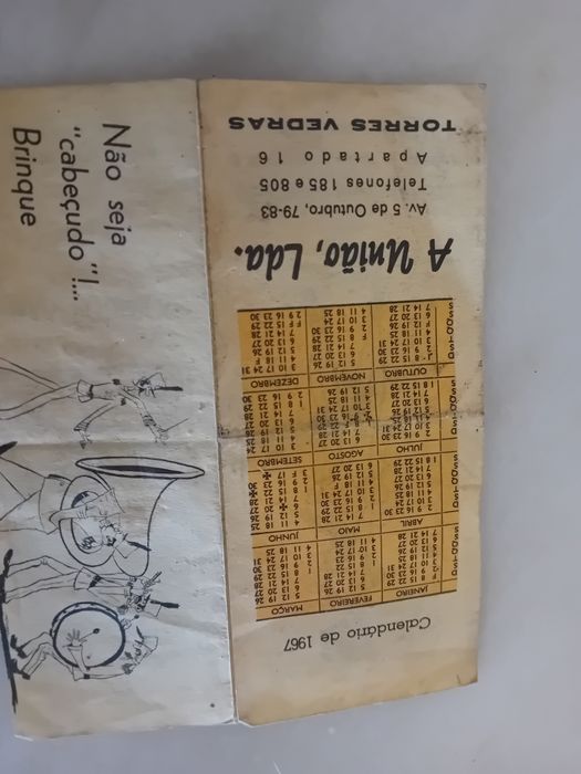 Calendário Antigo Brinde Publicitário Carnaval de Torres Vedras