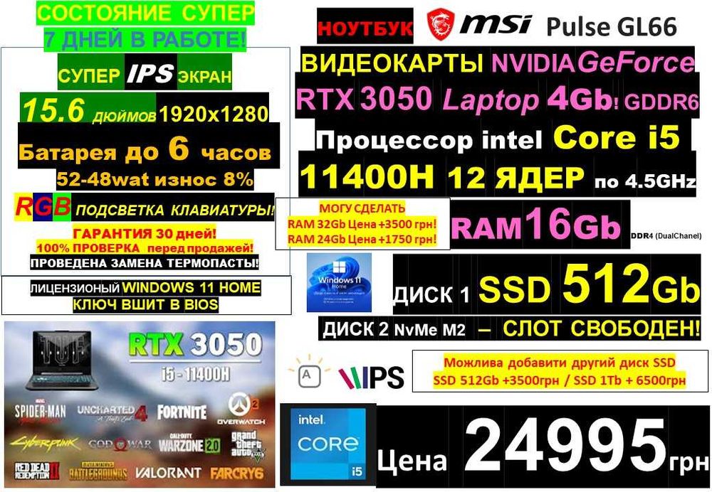 є99+ Ноутбуківℹ️Traid-Inℹ️MSI Pulse‼️RTX3050‼️Core i5/SSD 512/RAM16-32