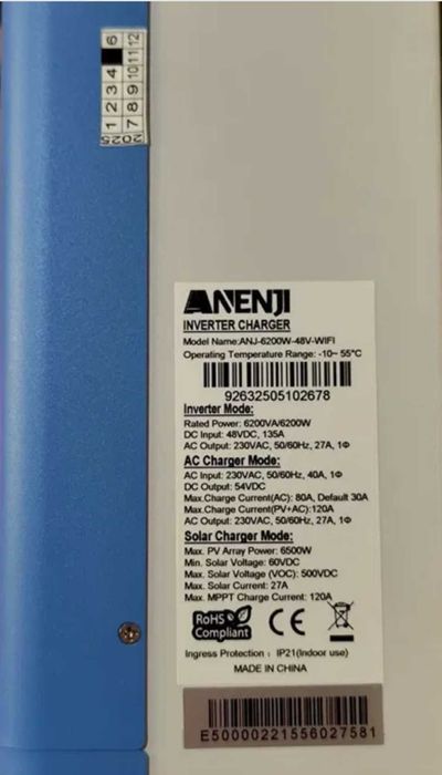 Сонячний гібридний інвертор ANENJI ANJ-6200W-48V-WIFI 6,2кВт