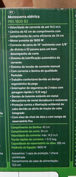 Motoserra elétrica Parkside nova