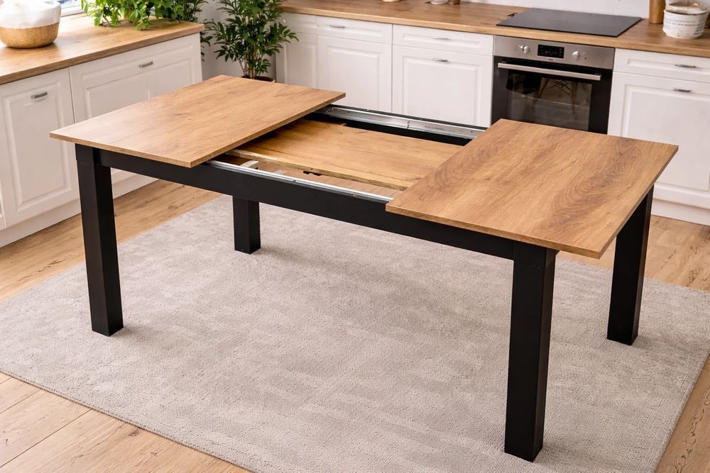 NOWY Stół Rozkładany 120/160x80 cm Do Kuchni Jadalni Salonu Drewniany Craft Czarny Stół i Krzesła Kuchenny Bestseller! Meble do Domu Zestaw OKAZJA!