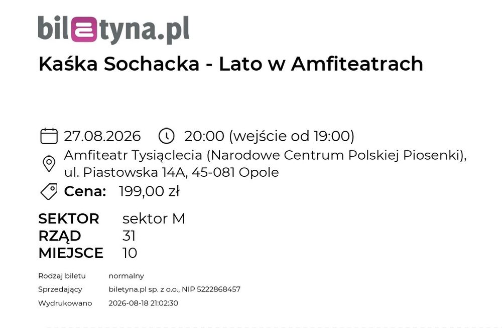 2 bilety na koncert Kaśka Sochacka Opole super miejsca Amfiteatr 27.08.2026