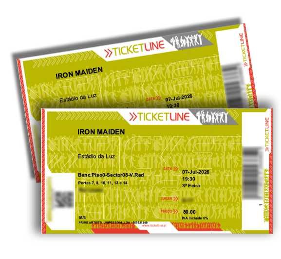 2x Bilhetes / Tickets para IRON MAIDEN Lisboa 7 JULHO 2026 Bancada Frontal ao palco, Piso 0