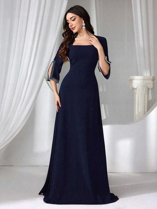 Granatowa długa sukienka klasyczna z rekawami ozdobionymi perełkami 44