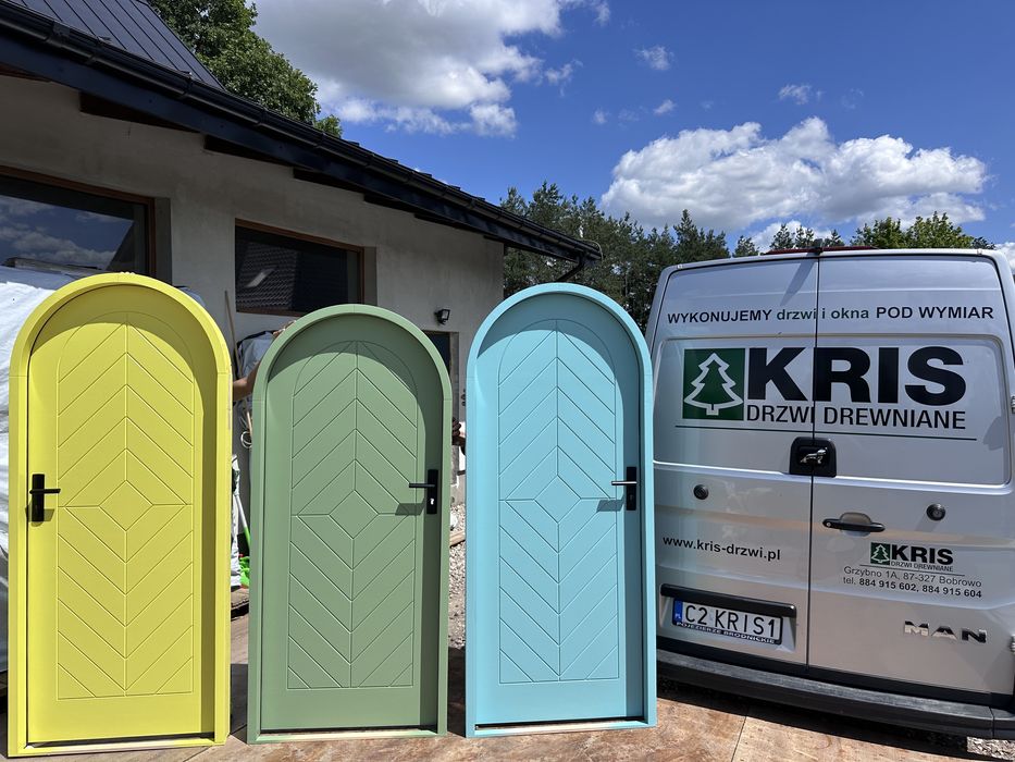 Drzwi zewnętrzne drewniane ŁUK Łukowe w Łuku Na Wymiar zielone białe