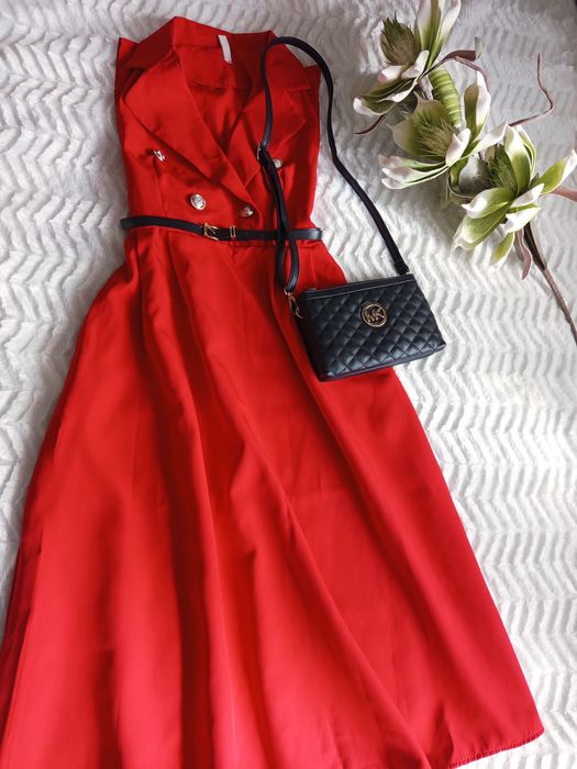 Sukienka marynaka złote guziki długa old money elegancka z kołnierzem