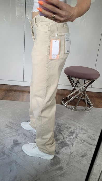 Spodnie damskie jeansowe straight mid waist beżowe JJXX 27/34