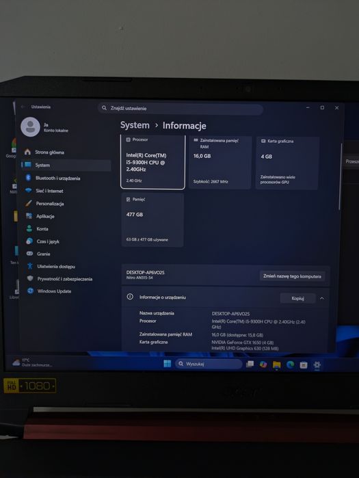 Laptop do GIER ACER i5-9300H, 16GB DDR4, GTX 1650, 512GB NVMe