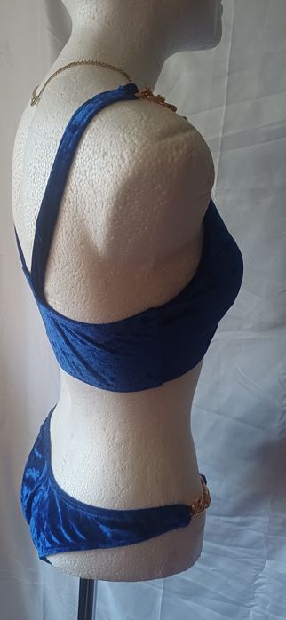 Strój kąpielowy SHEIN welurowy niebiesko-złoty bikini NOWY