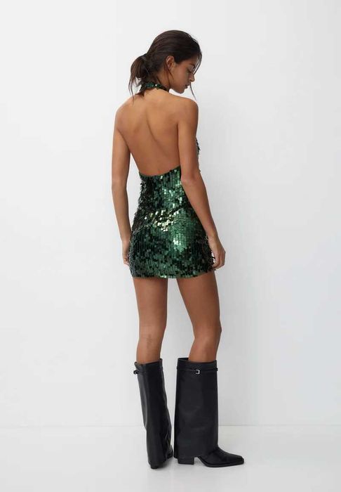 Zielona cekinowa sukienka dekolt halter odkryte plecy S